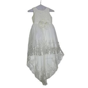 Flower Girl White Hi Lo Silver Sequined Flower Waist Long Train Wedding Dress